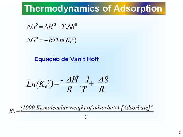 Thermodynamics of Adsorption Equação de Van’t Hoff 2 