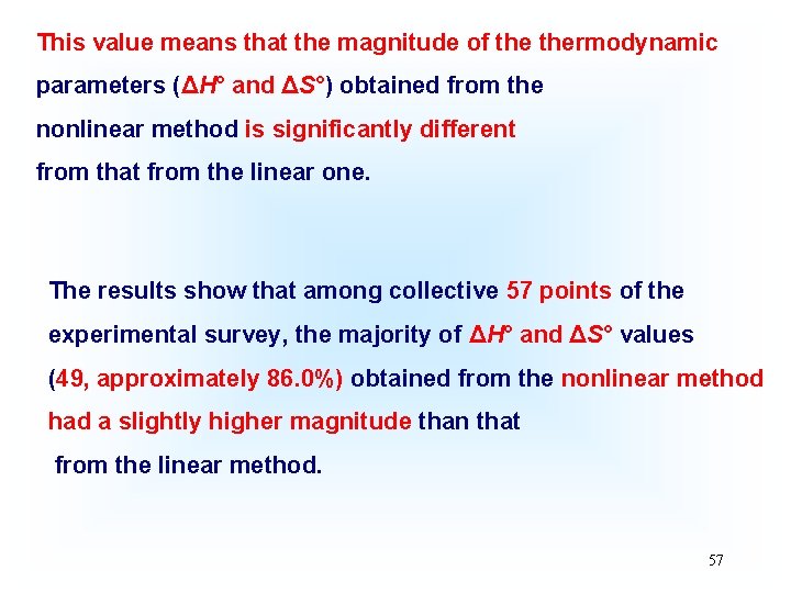 This value means that the magnitude of thermodynamic parameters (ΔH° and ΔS°) obtained from