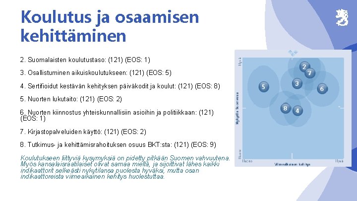 Koulutus ja osaamisen kehittäminen 2. Suomalaisten koulutustaso: (121) (EOS: 1) 3. Osallistuminen aikuiskoulutukseen: (121)