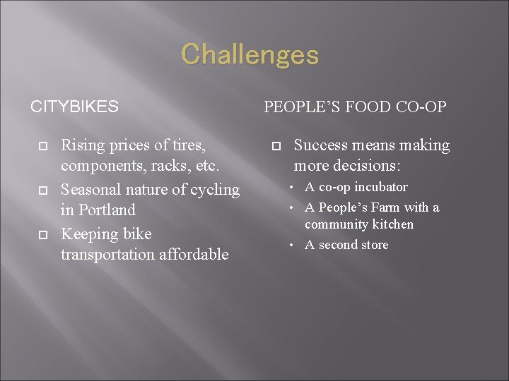 Challenges CITYBIKES Rising prices of tires, components, racks, etc. Seasonal nature of cycling in