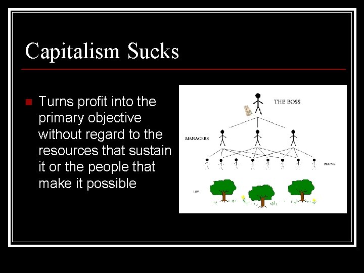 Capitalism Sucks n Turns profit into the primary objective without regard to the resources