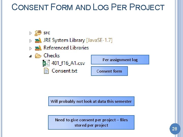 CONSENT FORM AND LOG PER PROJECT Per assignment log Consent form Will probably not