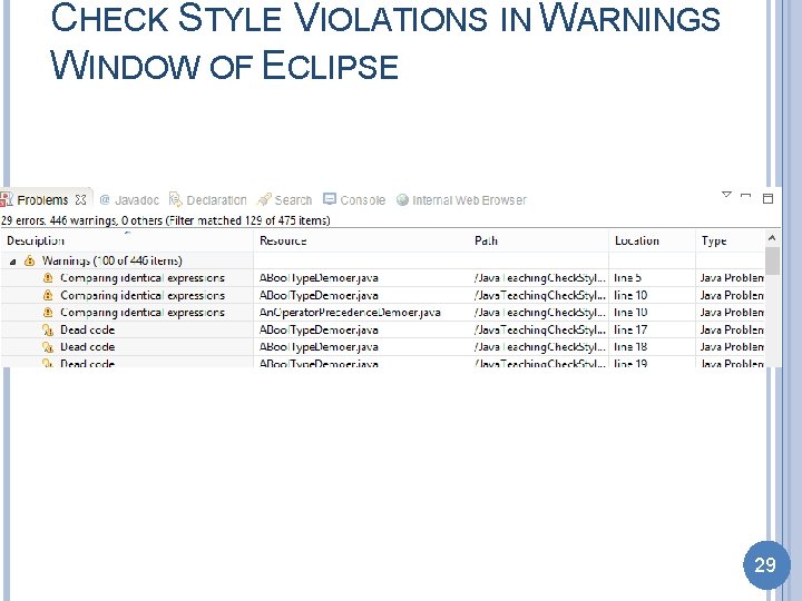 CHECK STYLE VIOLATIONS IN WARNINGS WINDOW OF ECLIPSE 29 
