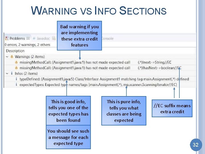 WARNING VS INFO SECTIONS Bad warning if you are implementing these extra credit features
