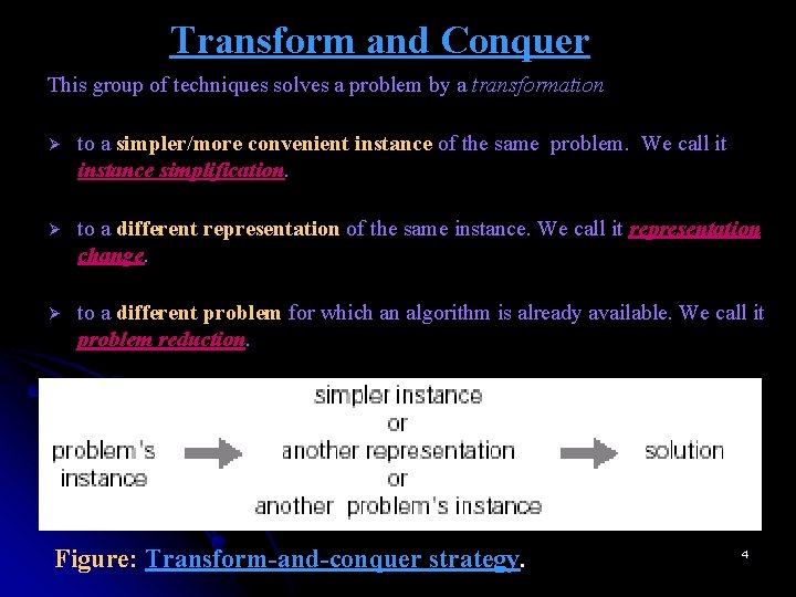 Transform and Conquer This group of techniques solves a problem by a transformation Ø