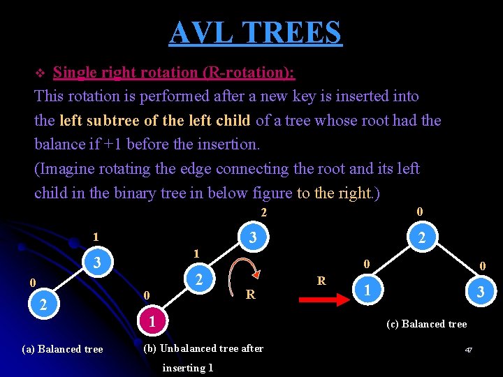 AVL TREES Single right rotation (R-rotation): This rotation is performed after a new key