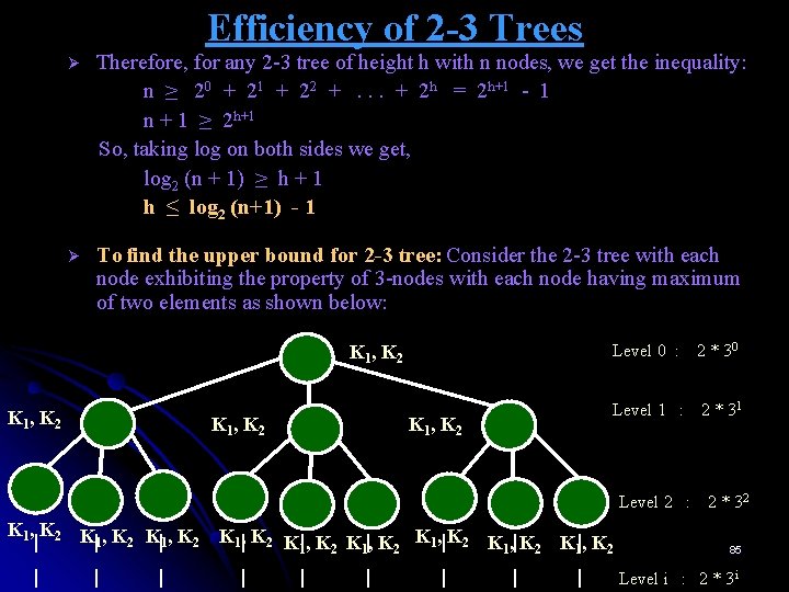 Efficiency of 2 -3 Trees Ø Therefore, for any 2 -3 tree of height