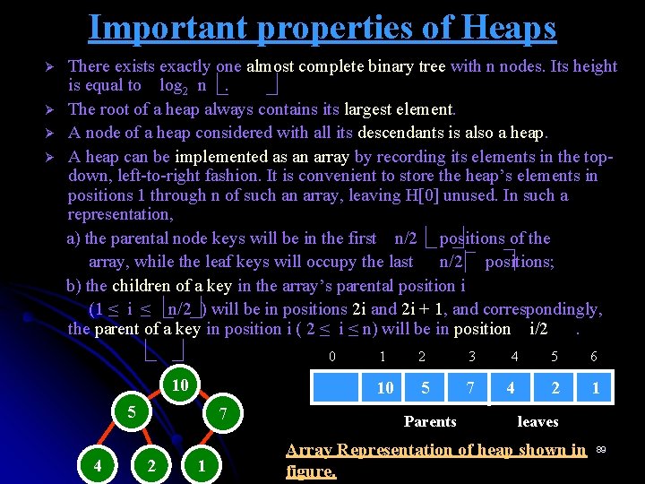 Important properties of Heaps Ø Ø There exists exactly one almost complete binary tree