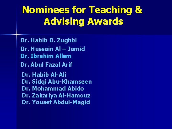 Nominees for Teaching & Advising Awards Dr. Habib D. Zughbi Dr. Hussain Al –