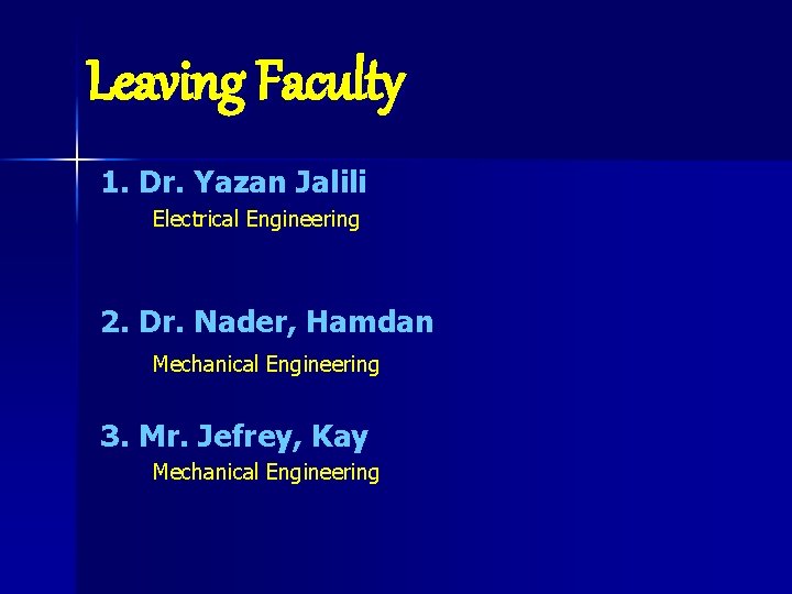 Leaving Faculty 1. Dr. Yazan Jalili Electrical Engineering 2. Dr. Nader, Hamdan Mechanical Engineering