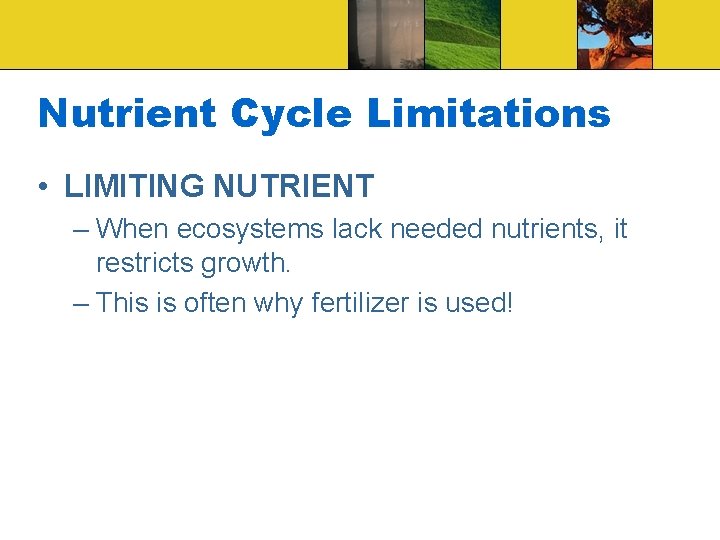 Nutrient Cycle Limitations • LIMITING NUTRIENT – When ecosystems lack needed nutrients, it restricts