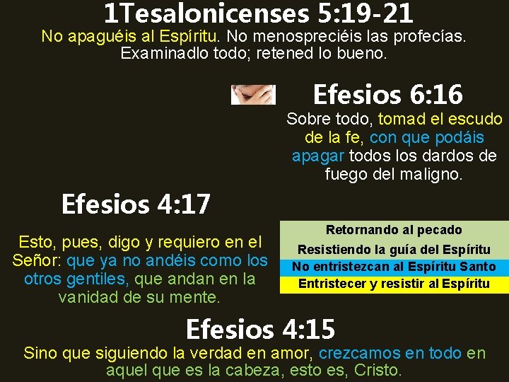 1 Tesalonicenses 5: 19 -21 No apaguéis al Espíritu. No menospreciéis las profecías. Examinadlo