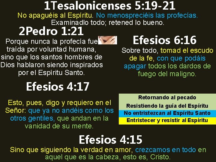 1 Tesalonicenses 5: 19 -21 No apaguéis al Espíritu. No menospreciéis las profecías. Examinadlo