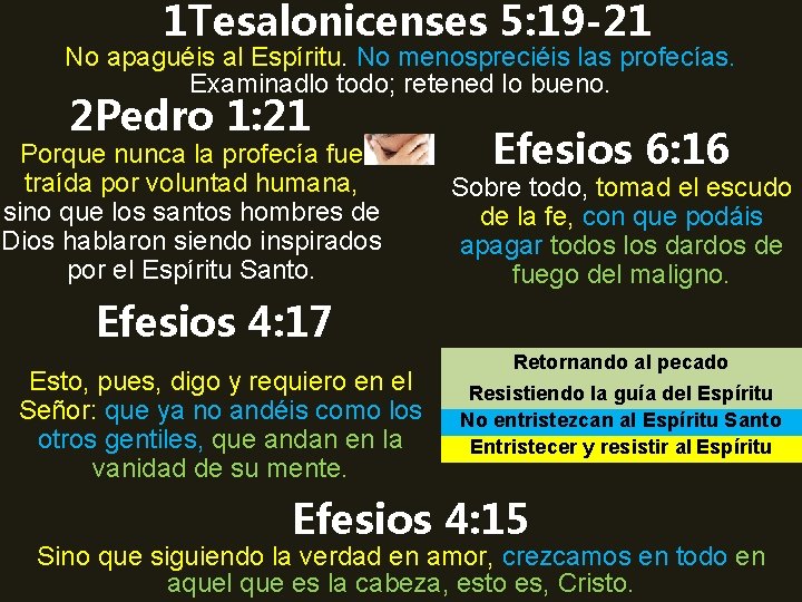 1 Tesalonicenses 5: 19 -21 No apaguéis al Espíritu. No menospreciéis las profecías. Examinadlo