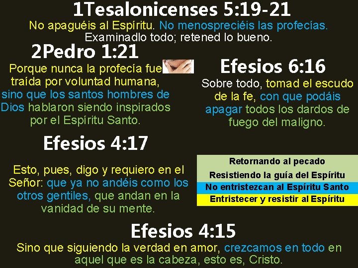 1 Tesalonicenses 5: 19 -21 No apaguéis al Espíritu. No menospreciéis las profecías. Examinadlo