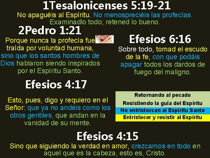 1 Tesalonicenses 5: 19 -21 No apaguéis al Espíritu. No menospreciéis las profecías. Examinadlo