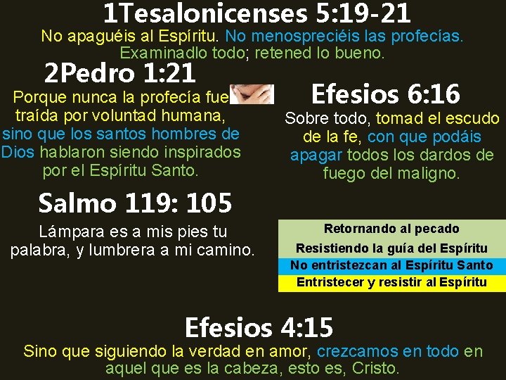 1 Tesalonicenses 5: 19 -21 No apaguéis al Espíritu. No menospreciéis las profecías. Examinadlo