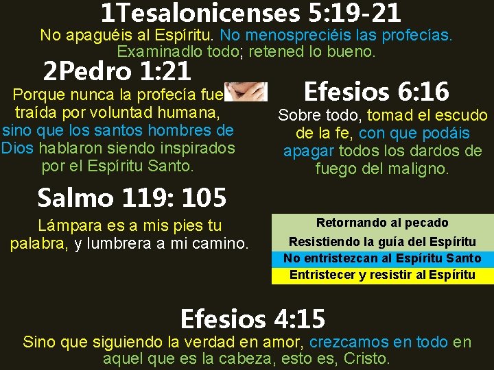 1 Tesalonicenses 5: 19 -21 No apaguéis al Espíritu. No menospreciéis las profecías. Examinadlo