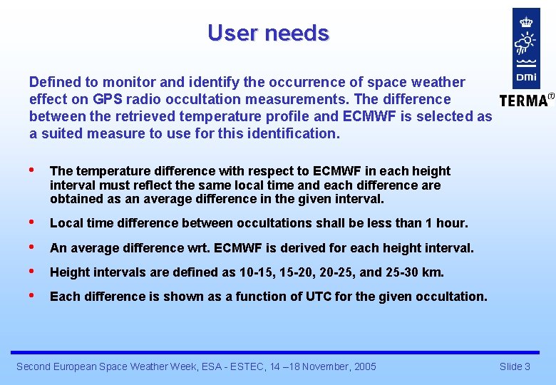 User needs Defined to monitor and identify the occurrence of space weather effect on