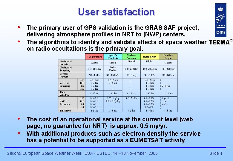 User satisfaction • • The primary user of GPS validation is the GRAS SAF