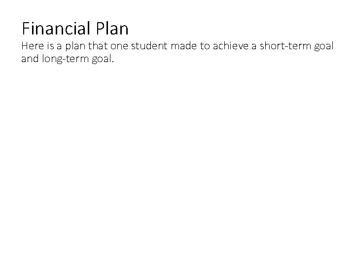 Financial Plan Here is a plan that one student made to achieve a short-term