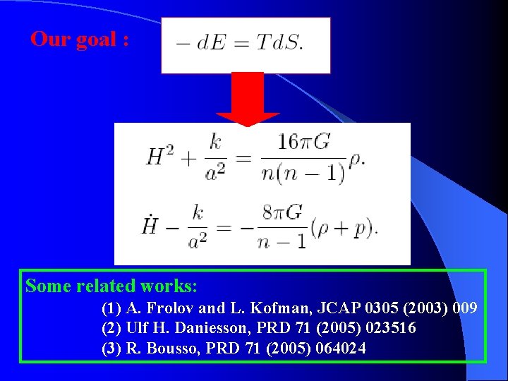 Our goal : Some related works: (1) A. Frolov and L. Kofman, JCAP 0305