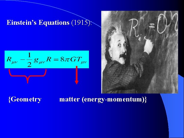 Einstein’s Equations (1915): {Geometry matter (energy-momentum)} 