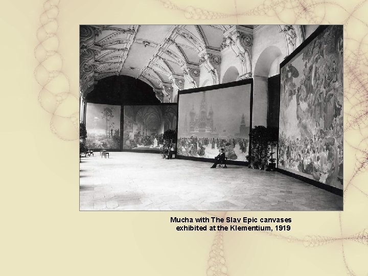 Mucha with The Slav Epic canvases exhibited at the Klementium, 1919 