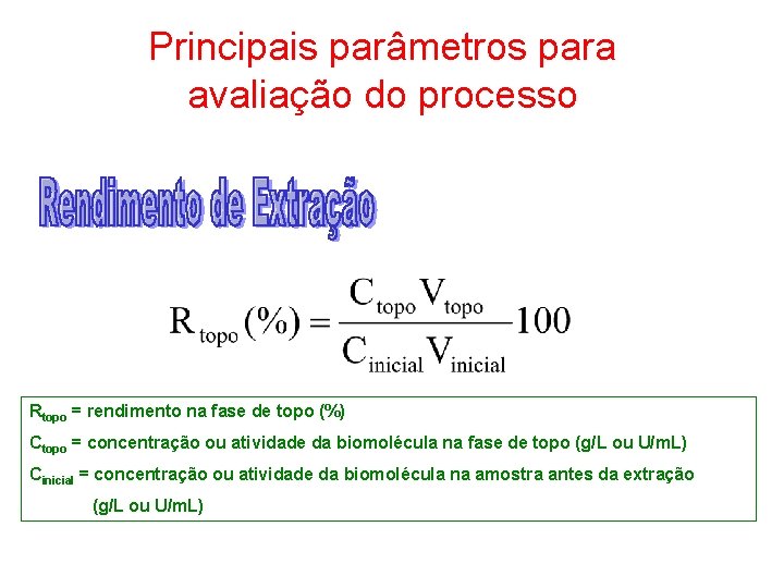 Principais parâmetros para avaliação do processo Rtopo = rendimento na fase de topo (%)