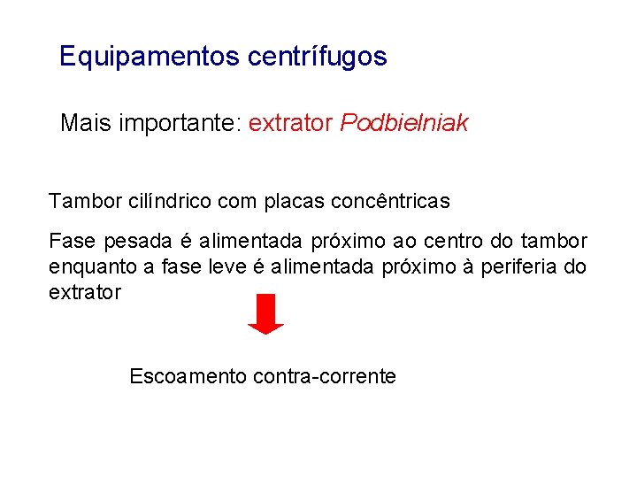 Equipamentos centrífugos Mais importante: extrator Podbielniak Tambor cilíndrico com placas concêntricas Fase pesada é