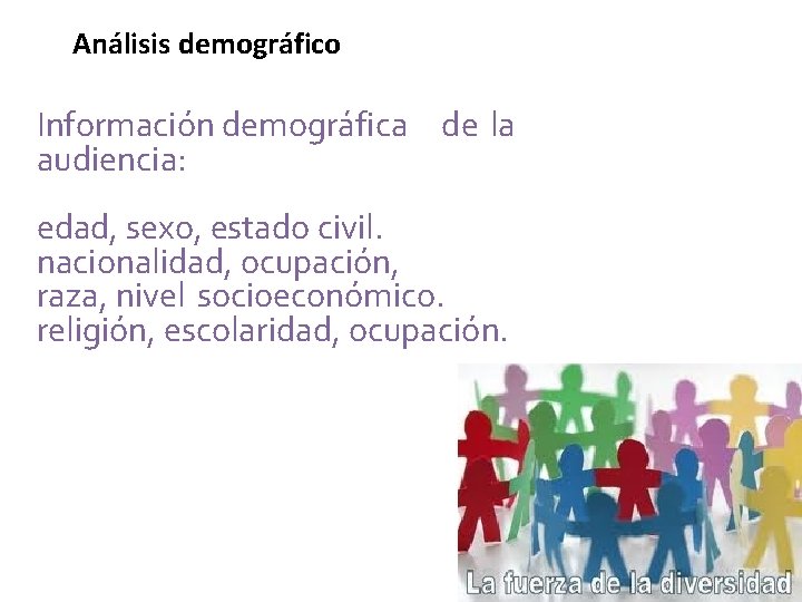 Análisis demográfico Información demográfica de la audiencia: edad, sexo, estado civil. nacionalidad, ocupación, raza,