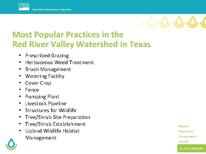 Most Popular Practices in the Red River Valley Watershed in Texas • • •