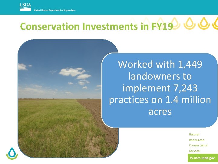 Conservation Investments in FY 19 Worked with 1, 449 landowners to implement 7, 243