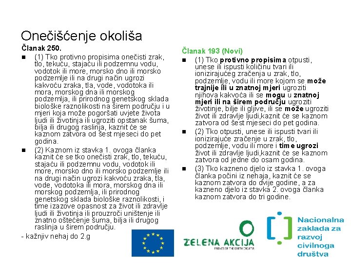 Onečišćenje okoliša Članak 250. (1) Tko protivno propisima onečisti zrak, tlo, tekuću, stajaću ili