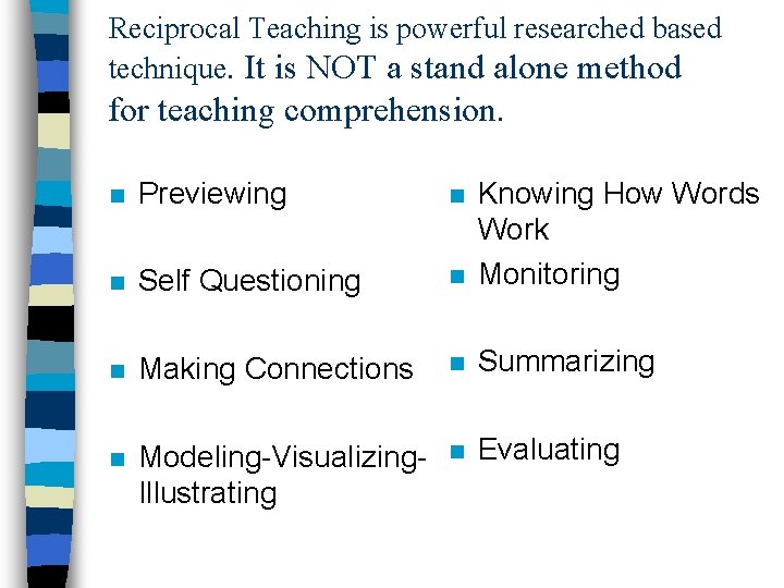 Reciprocal Teaching is powerful researched based technique. It is NOT a stand alone method