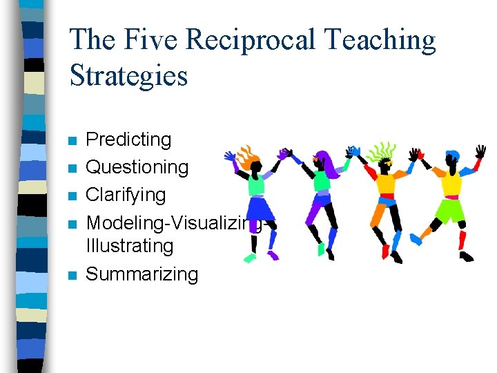 The Five Reciprocal Teaching Strategies n n n Predicting Questioning Clarifying Modeling-Visualizing. Illustrating Summarizing