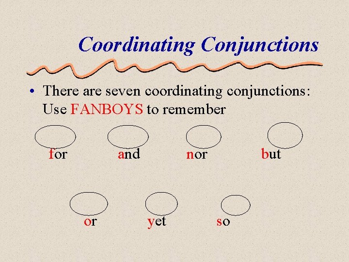 Coordinating Conjunctions • There are seven coordinating conjunctions: Use FANBOYS to remember for and