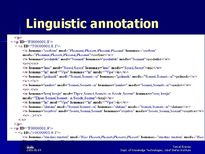 Linguistic annotation Gralis 2006 -05 -09 Tomaž Erjavec Dept. of Knowledge Technologies, Jožef Stefan