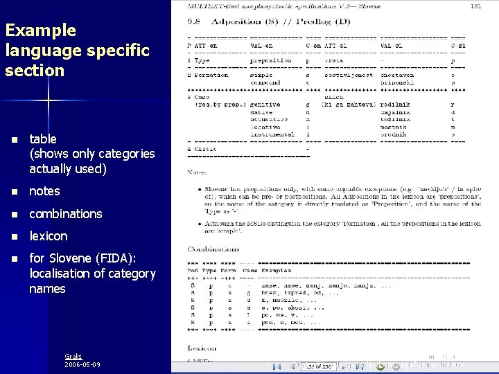 Example language specific section n table (shows only categories actually used) n notes n