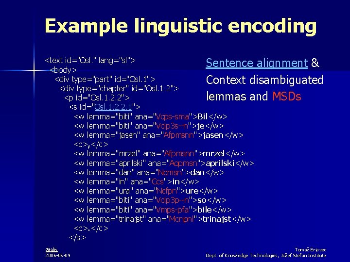 Example linguistic encoding <text id="Osl. " lang="sl"> Sentence alignment & <body> <div type="part" id="Osl.