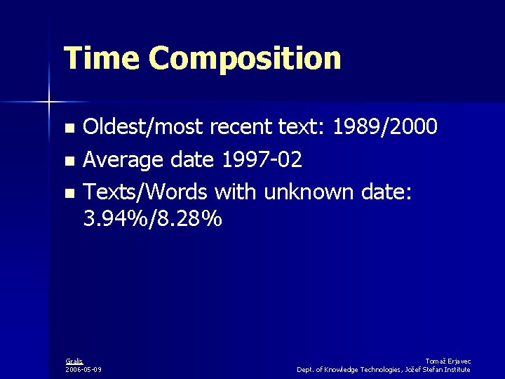 Time Composition Oldest/most recent text: 1989/2000 n Average date 1997 -02 n Texts/Words with