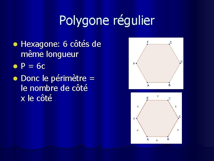 Polygone régulier l l l Hexagone: 6 côtés de même longueur P = 6