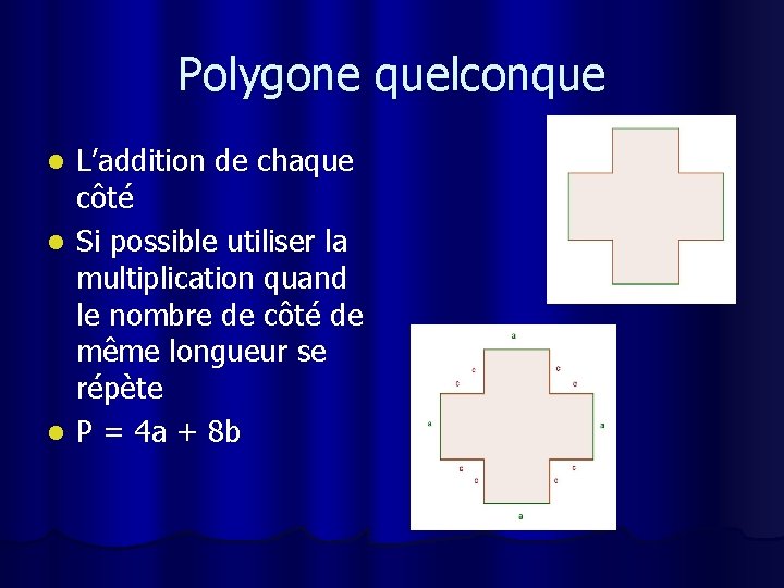 Polygone quelconque L’addition de chaque côté l Si possible utiliser la multiplication quand le