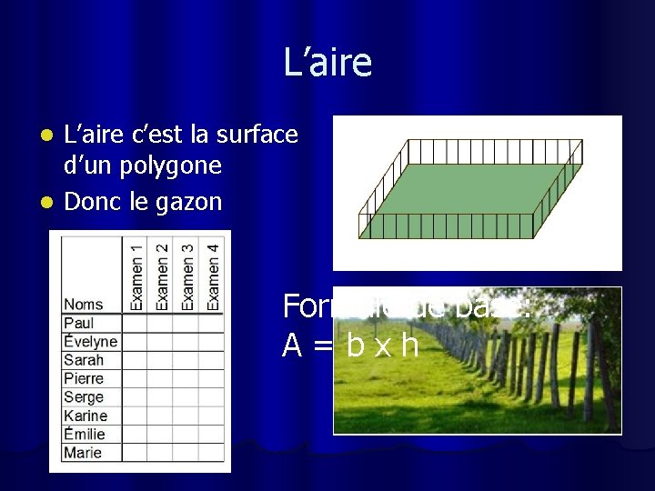 L’aire c’est la surface d’un polygone l Donc le gazon l Formule de base: