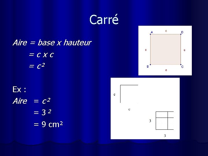 Carré Aire = base x hauteur =cxc = c² Ex : Aire = c²