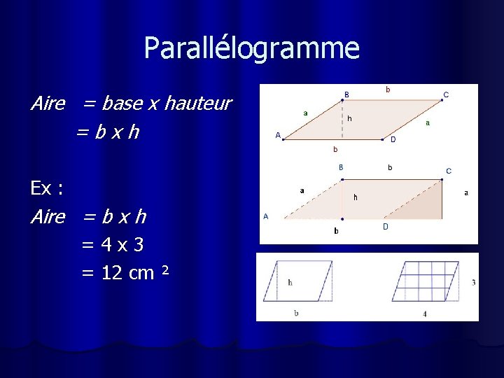 Parallélogramme Aire = base x hauteur =bxh Ex : Aire = b x h