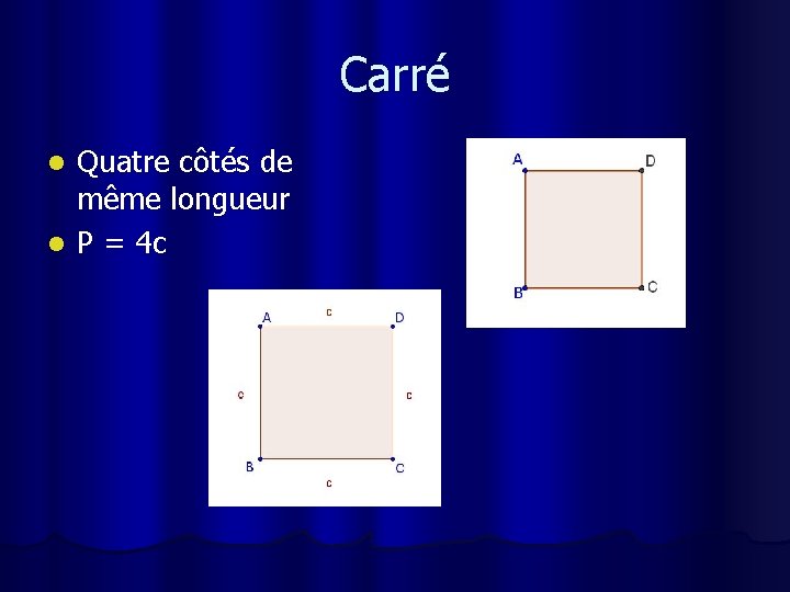 Carré Quatre côtés de même longueur l P = 4 c l 