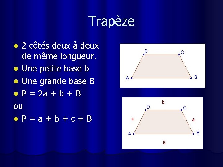 Trapèze 2 côtés deux à deux de même longueur. l Une petite base b