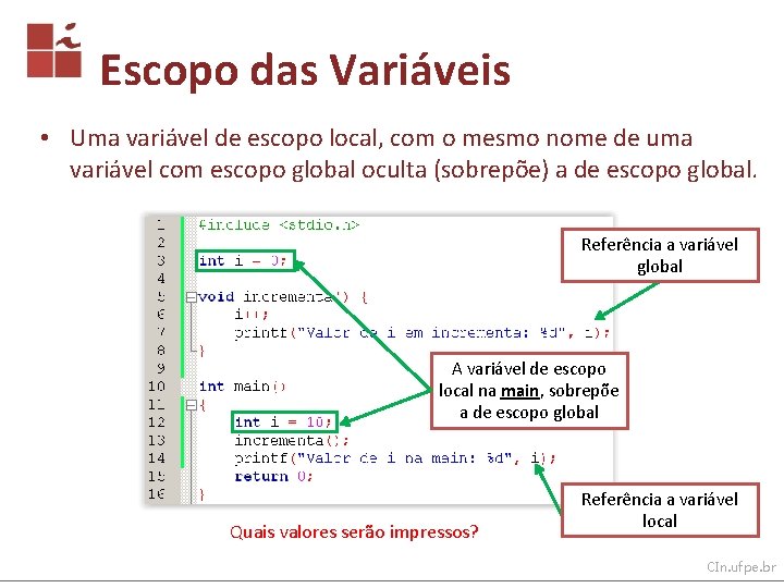 Escopo das Variáveis • Uma variável de escopo local, com o mesmo nome de