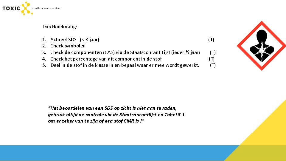 Dus Handmatig: 1. 2. 3. 4. 5. Actueel SDS (< 3 jaar) Check symbolen